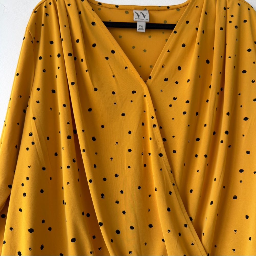 Mustard Yellow Polka Dot Wrap Front Blouse Worthington - Picture 3 of 7